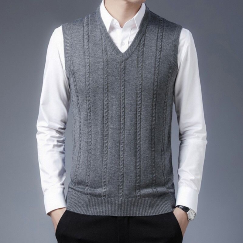 Jacquard casual grey sleeveless V-neck knitted vest